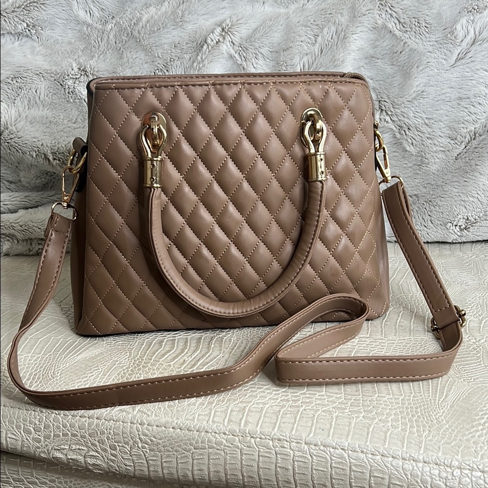 Boutique Quilted Tan Faux Leather Handbag
